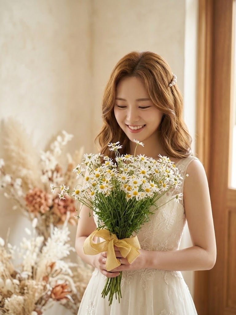 마트리카리아 데이지 수제 부케를 든 신부